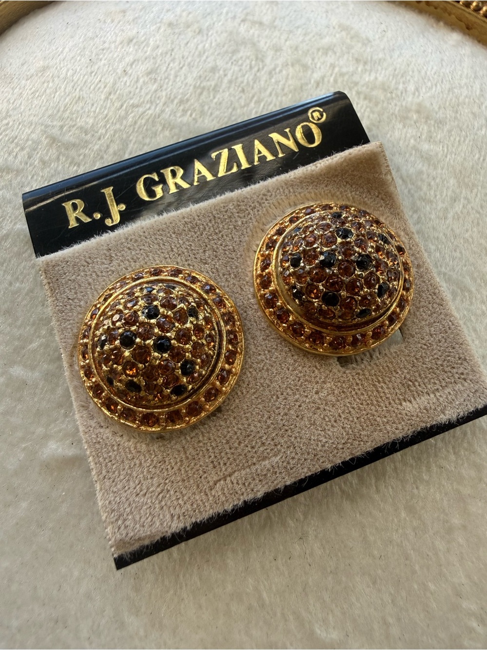 R.J. Graziano Gold-Tone Amber and Black Crystal Dome Earrings Clip On